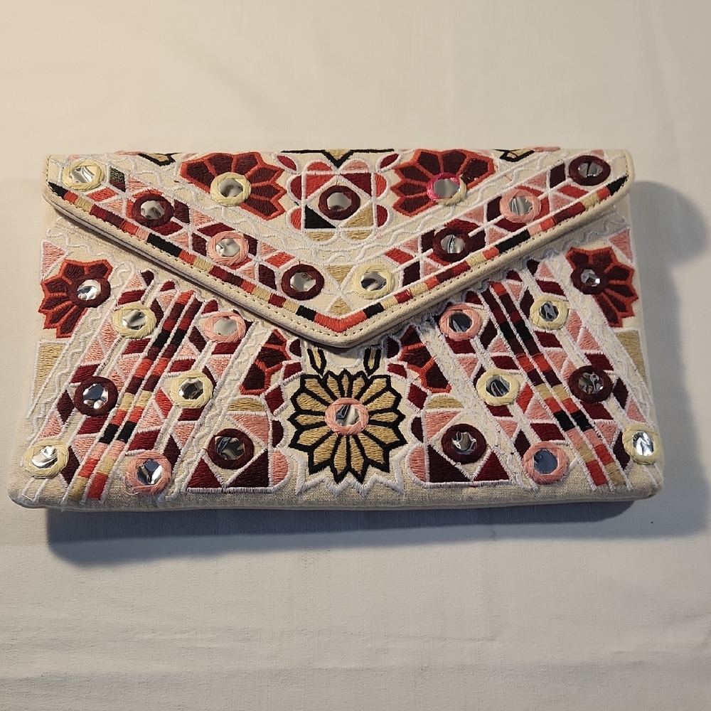 Boho Embroidered Multicolor Mirror Work Clutch Envelope Purse Vegan Boho